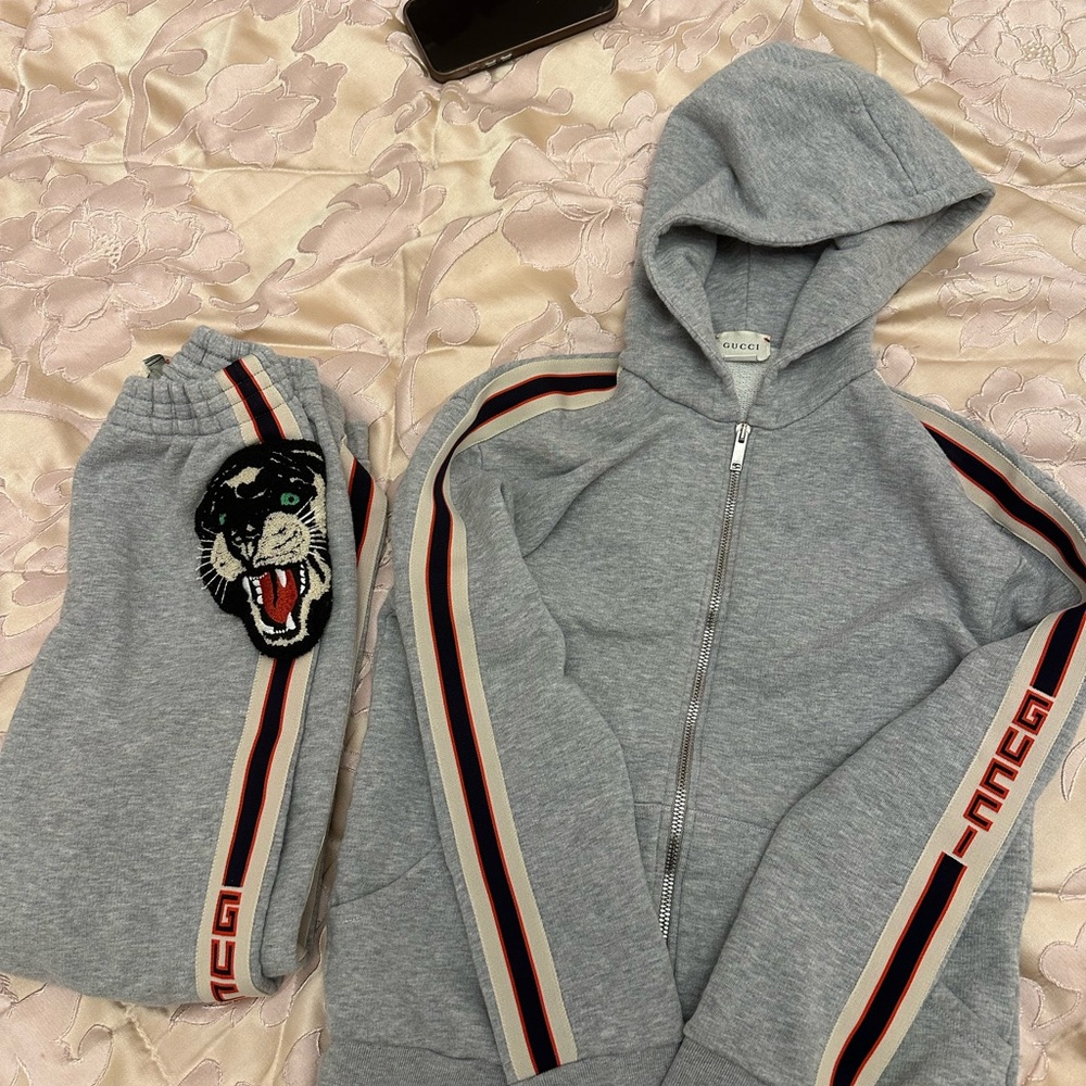 Gucci Gray Hoodie and Pants Set with Panther Patch